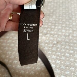 Lucky leather belt 1.5” wide 44” length silver buckle dark brown